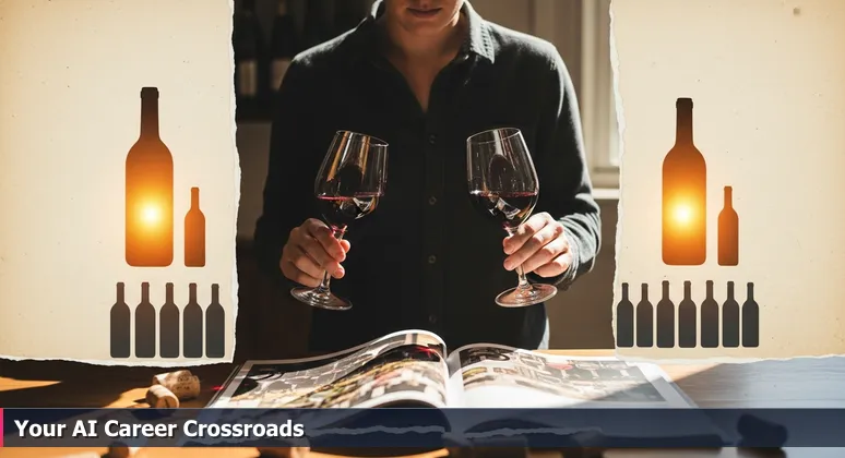 A person in a Livermore winery tasting room holds two wine glasses while looking at a top 10 list, symbolizing the anxiety of choosing an AI bootcamp.