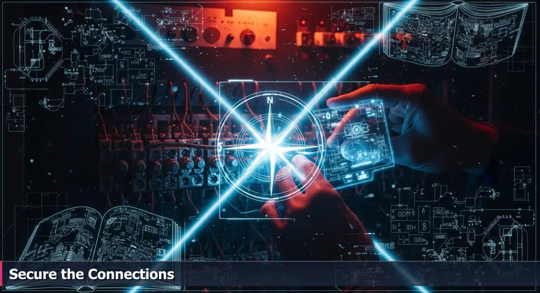 A close-up of hands tracing a wire on an old switchboard with a digital overlay, symbolizing the hidden connections in Livermore's cybersecurity job market.