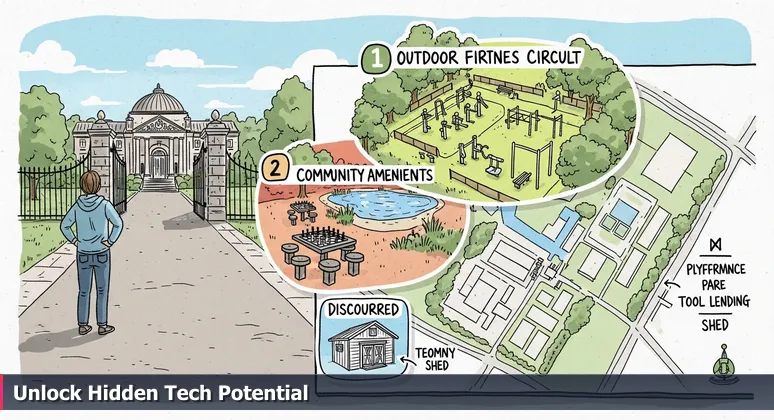 A person in a Livermore park discovers a map stand revealing overlays of hidden free tech training resources like coding workshops and online learning portals.