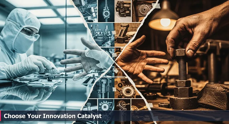 Close-up of a scientist's gloved hands in a sterile clean room versus grease-stained hands tinkering in a workshop, symbolizing Livermore's diverse tech workspace options for innovation.