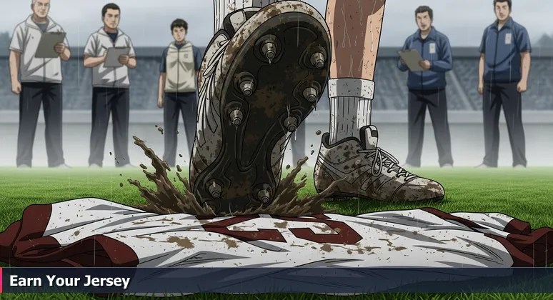 Close-up of football cleats in muddy turf during a preseason tryout, symbolizing the high-stakes opportunity for tech careers in Livermore without a degree.