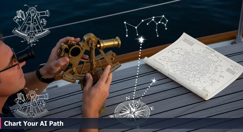 A person holding a vintage sextant on a boat at dusk, looking up at the stars over Galveston Bay, symbolizing AI career navigation in League City.