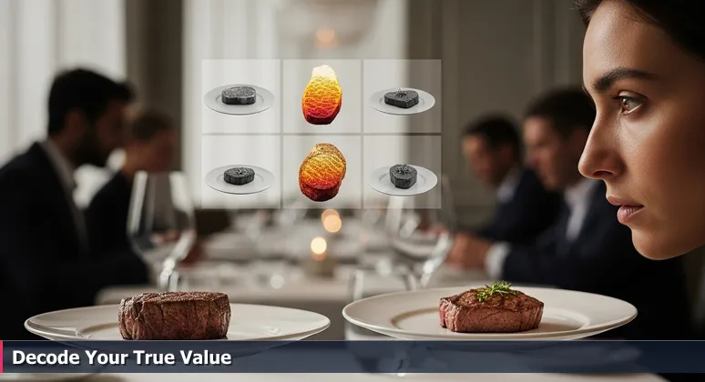 A thoughtful person in a League City restaurant compares two menu options: one with a simple price, the other detailing components, symbolizing career choices based on total compensation.