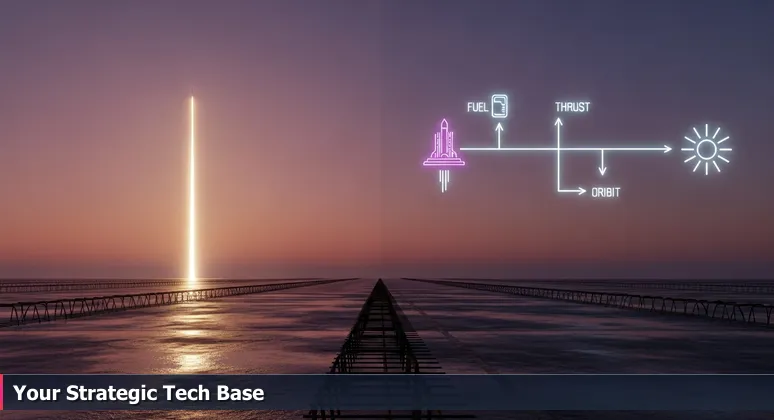 A weathered concrete launchpad at dawn with a rocket ascending in the distance, symbolizing League City as the foundational base for tech careers.