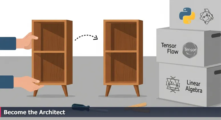 Close-up of hands holding unassembled bookshelf parts with an instruction sheet on the floor, surrounded by boxes labeled with AI skills like Python and TensorFlow.