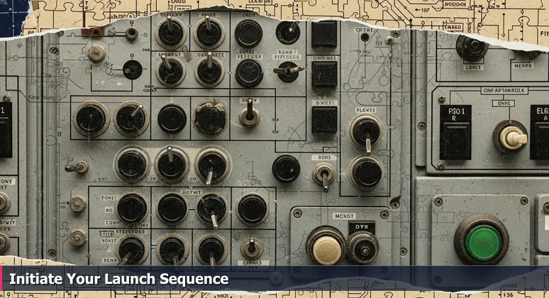A close-up view of a complex spacecraft simulator control panel with numerous unlabeled buttons and switches, symbolizing the challenge of navigating tech training funding options.
