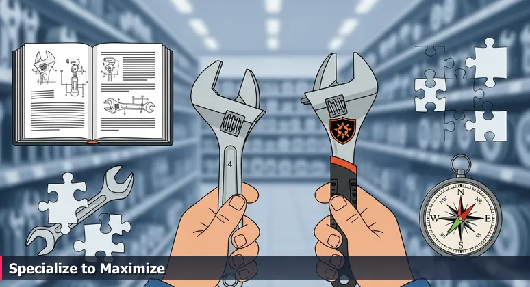 Hands holding two similar wrenches with different price tags in a hardware store, symbolizing the hidden value of specialized AI skills in League City, TX.