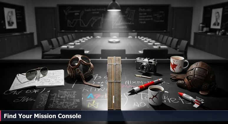 Black-and-white image of a 1960s NASA conference room with a chalkboard displaying astronaut names and margin notes about key engineering traits.