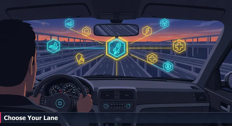A driver's-eye view from inside a car at a sprawling Texas highway interchange in League City at dusk, with glowing signs pointing to tech hubs like NASA Parkway and Energy Corridor.