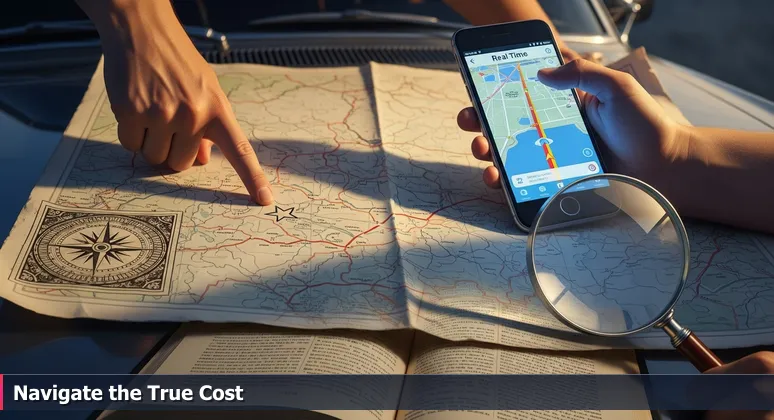 A weathered paper map of Texas on a car hood at dusk, with one hand pointing to League City and another holding a smartphone displaying navigation app data.