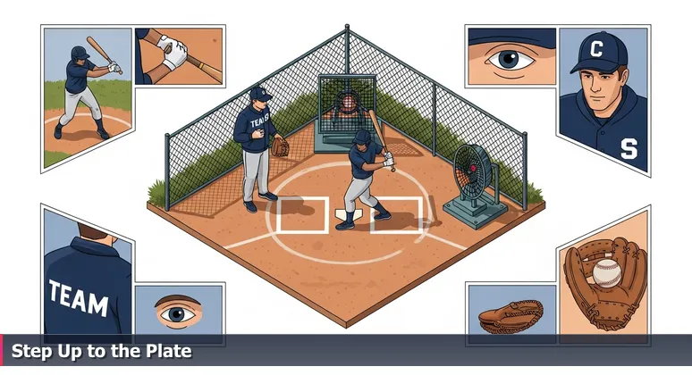 A baseball scout in a team jacket leans on a chain-link fence at a dusty sandlot in Clear Lake, Texas, watching a determined player practice hitting balls from a pitching machine, symbolizing skills-first tech hiring.