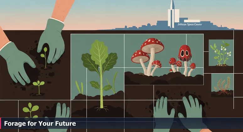 Close-up of hands in gardening gloves turning soil with sprouts and fungi, with NASA Johnson Space Center in the background.