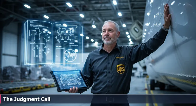 A UPS loadmaster at Worldport in Louisville compares an AI-generated loading plan on a tablet to a 747 aircraft, symbolizing human judgment in AI applications.