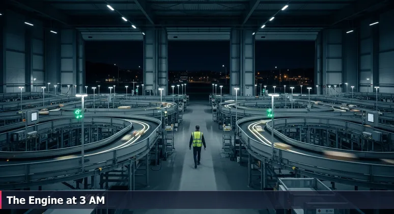 A nighttime scene inside UPS Worldport in Louisville, with automated conveyors, blinking LEDs, and a worker, representing the city's quiet tech revolution.