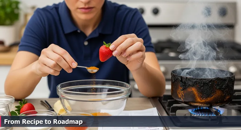 Frustrated cook with precise ingredients next to a burnt meal, symbolizing the gap between following AI tutorials and applying skills in Louisville's market.