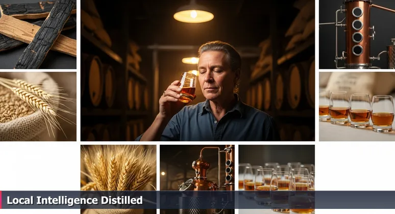 A master distiller in a NuLu warehouse evaluates amber bourbon under a single light bulb, representing the deep assessment of Louisville's AI startups.