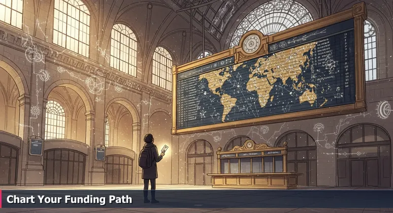 A person standing in a grand, historic train station in Louisville, looking up at a complex departure board symbolizing funding options for tech training programs.