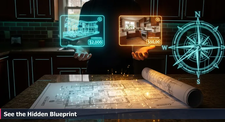 A person in a Louisville home kitchen comparing AI salary offers with a blueprint, highlighting hidden compensation value beyond base pay