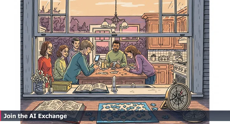 Neighbors in a Louisville kitchen sharing AI insights on a phone at dusk, representing local community networking.