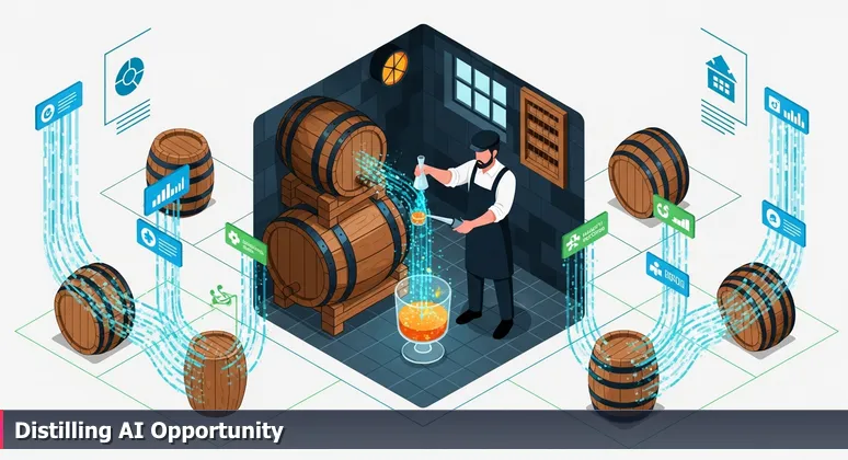A master distiller in a Louisville rickhouse pours glowing data streams from a whiskey thief into a glass, symbolizing AI opportunities in the city's industries.