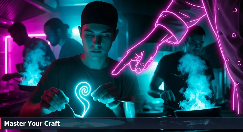 A chef's hand guiding a young cook's plating technique in a bustling kitchen, symbolizing hands-on mentorship in Louisville's tech training programs.