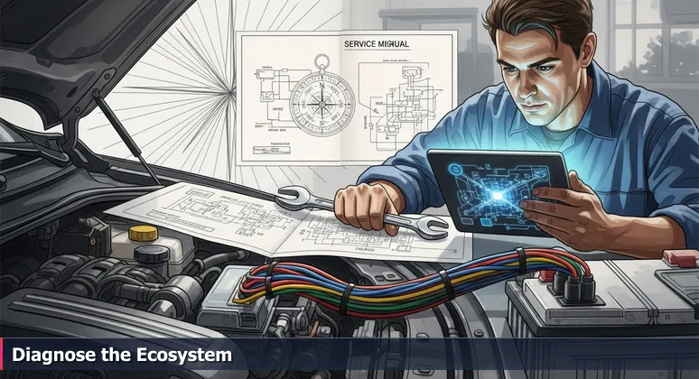 A mechanic in a modern Louisville garage uses a wrench and diagnostic tablet to symbolize cybersecurity's blend of traditional and digital skills in 2026.