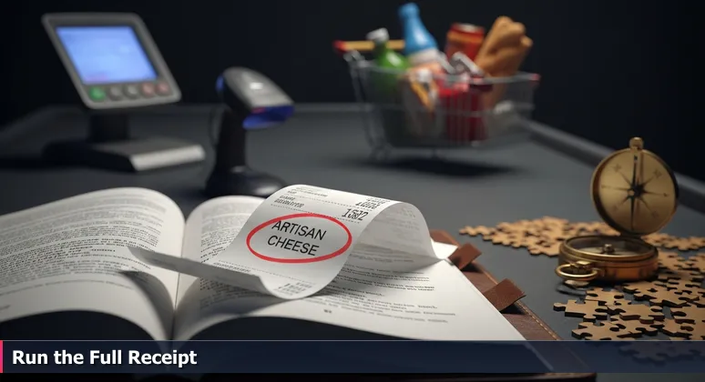 A close-up of a grocery receipt on a conveyor belt with one item circled in red, symbolizing the focus on isolated costs versus the full budget for Louisville living.