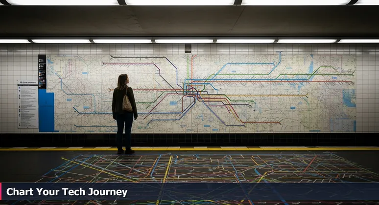 A person looking overwhelmed but hopeful while tracing lines on a colorful, intricate subway map in a Louisville station, symbolizing the journey to free tech training options.