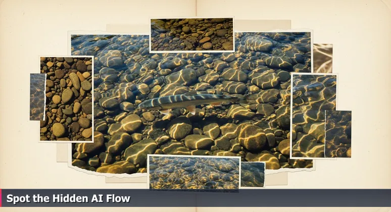 Close-up of clear water flowing over smooth stones in a Louisville creek, with a silver fish visible beneath the surface, symbolizing hidden AI job opportunities in the city's industries.