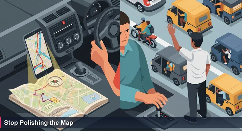Split scene: left shows car GPS map with traffic jam, right shows daladala conductor directing traffic, hand hovers over gearstick, blurred bajajs and pedestrians.