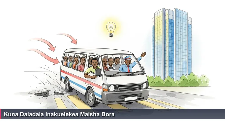 A packed daladala minibus on a dusty Dar es Salaam street, passengers crowded inside, conductor hanging out, with a sleek glass office tower gleaming in the background under morning sun.