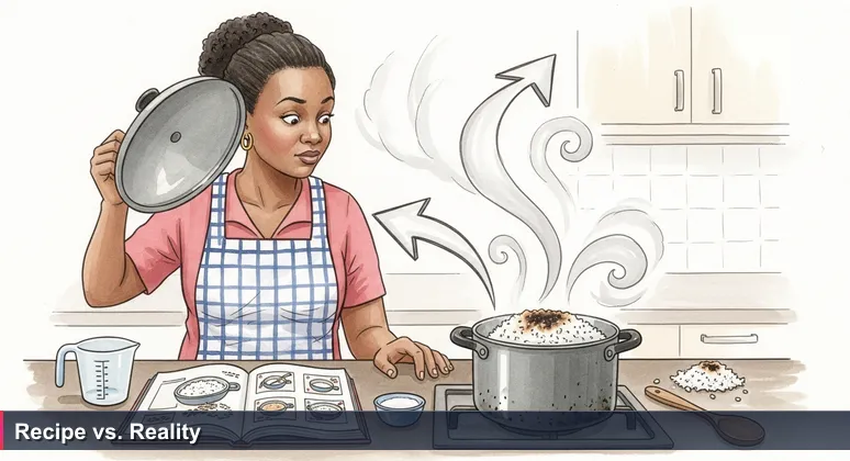 A woman in a Dar es Salaam kitchen lifts the lid off a steaming sufuria, revealing a sticky, burnt mess. Her expression shows confusion after following a recipe perfectly.