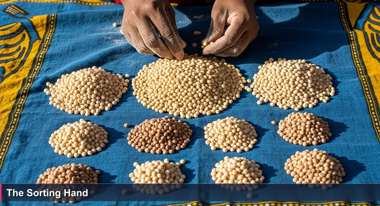 Woman's hands sorting pigeon peas on a colorful kanga cloth, morning light, representing careful curation of top AI startups in Tanzania.