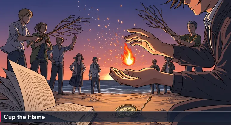 Hands cupping a small flame on a windy beach at sunset, symbolizing the first flicker of AI community in Tanzania