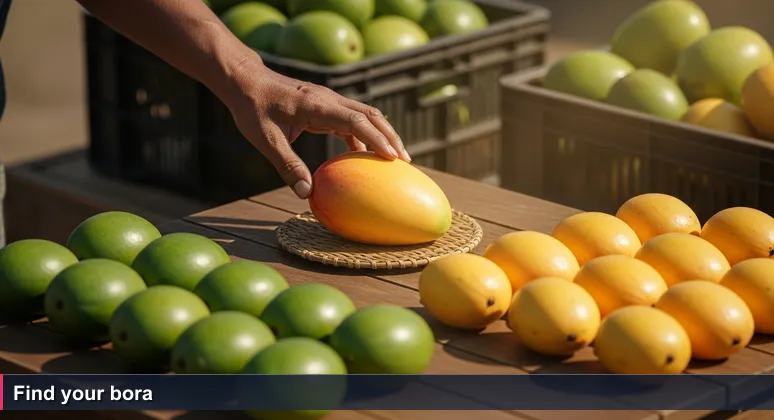 A vendor at Kariakoo market holds a mango up to the morning light, inspecting it for quality, symbolizing the careful choice of an AI job.