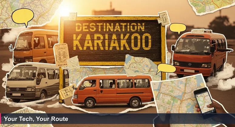 A passenger at a Dar es Salaam daladala stand, holding a phone, looking at three minibuses with 'Kariakoo' signs, contemplating which one to board.