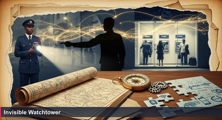 An askari guard holding a flashlight stands outside a bank in Dar es Salaam at dusk while inside customers use mobile phones and ATMs.