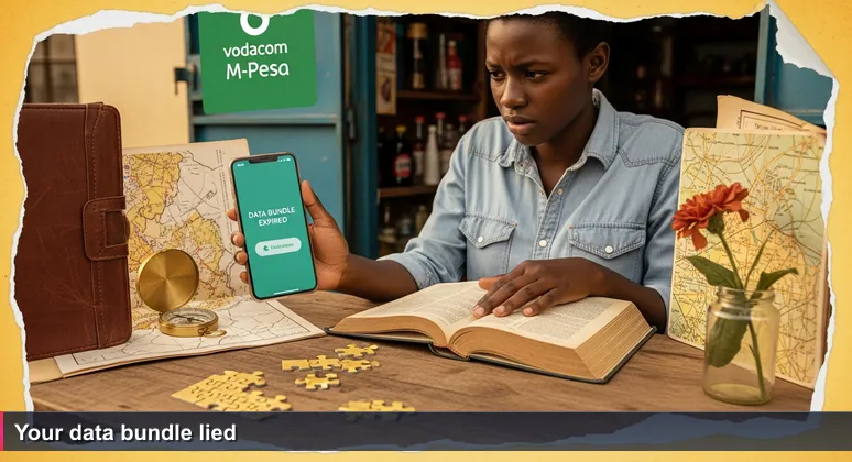 Young Tanzanian tech worker standing at a street kiosk, holding a phone with 'Data Bundle Expired' message, with a faded M-Pesa sign in the background, looking frustrated.
