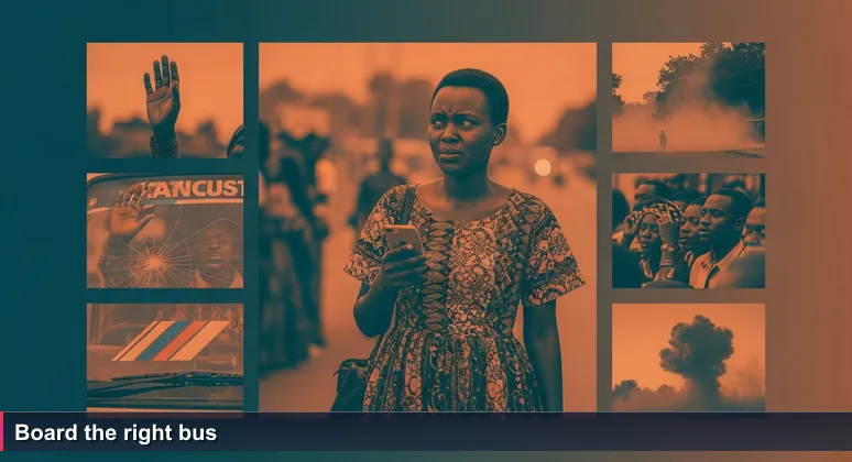 A crowded daladala stand at Mwenge in Dar es Salaam with dust rising, a conductor leaning out shouting, and a young woman in kitenge dress hesitating with a phone in hand.