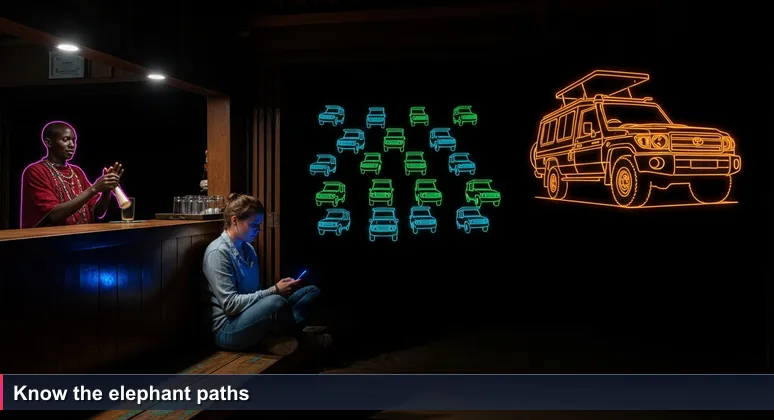 A traveler in a dusty Arusha lodge scrolls on a phone, while a Maasai staff member polishes a glass, knowing the real experts are not on the list.