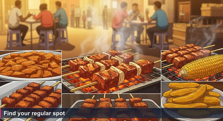 A bustling street food market in Dar es Salaam at dusk with smoke rising from grills and customers gathering around stalls.