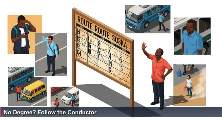 Faded route board at Kariakoo daladala stand with destinations like Mwenge and Posta, a passenger squinting at phone, conductor yelling.