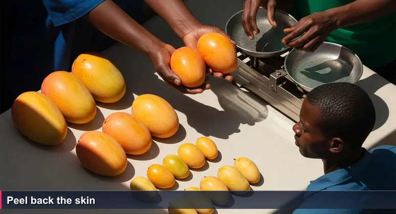 A hand at a Dar es Salaam market stall holding two ripe mangoes, symbolizing the choice between job offers in Tanzania's tech startup scene.