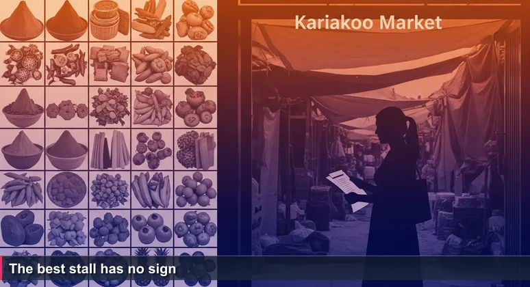 A young woman holding a crumpled list of top stalls stands at the entrance of Kariakoo Market in Dar es Salaam, as a market woman waves her toward an unlisted alley behind tarps and vendors.