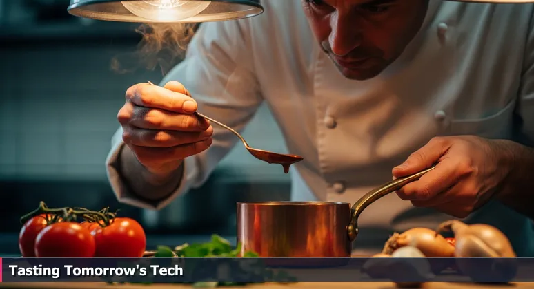 Chef tasting sauce from a pot in a kitchen, symbolizing the assessment of AI startup potential in Buffalo's innovative ecosystem.