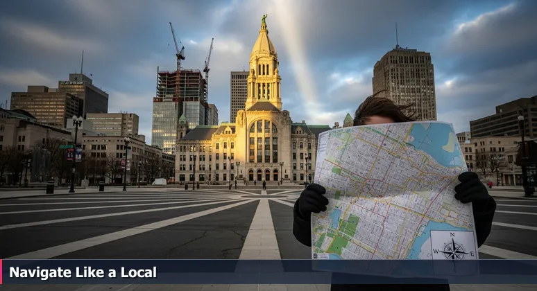 A person in Buffalo, NY, struggling with a flapping map at an intersection, symbolizing the transition from confusion to opportunity in launching an AI career.