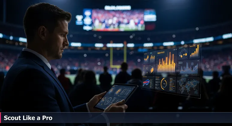 Buffalo Bills General Manager in a 2026 NFL draft room analyzing data on a tablet with career metrics like cost of living, while a surprise pick is announced on the screen.