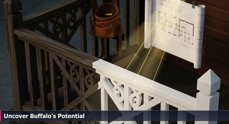 Close-up of weathered woodwork on a historic Buffalo house porch with fresh paint, a carpenter's toolbelt on the railing, and an architect's blueprint, symbolizing tech transformation.