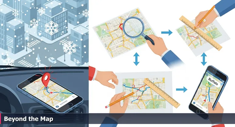 A smartphone screen shows a GPS map with 'You have arrived' at a Buffalo intersection, with snowy streets and buildings visible through a car windshield.
