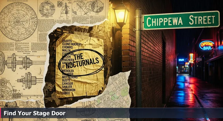 A crumpled concert poster on a brick wall in a Buffalo alley at night, with neon lights reflecting on wet pavement, symbolizing hidden AI networking opportunities.